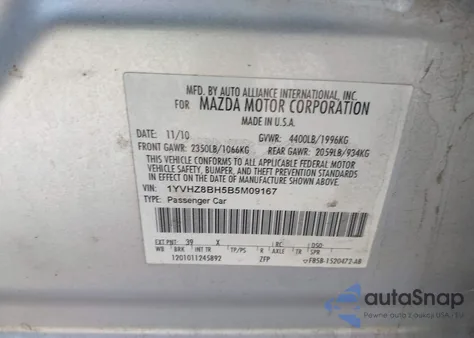 2011 Mazda Mazda6 I Sport из США, поврежденный, VIN 1YVHZ8BH5B5M09167